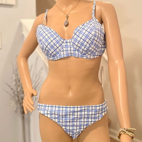 TORY BURCH Blue Plaid Hipster Swimwear Bottom L - Picture 2 of 5